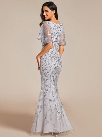 Gorgeous V Neck Leaf-Sequined Fishtail Party Dress - Silver