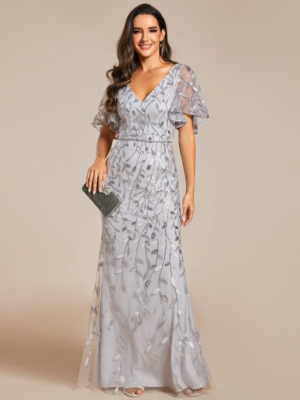 Gorgeous V Neck Leaf-Sequined Fishtail Party Dress - Silver