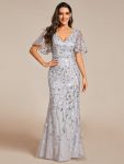 Gorgeous V Neck Leaf-Sequined Fishtail Party Dress - Silver