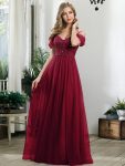 Sequin Bodice Cold Shoulder Floor Length Tulle Bridesmaid Dress – Burgundy