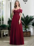 Sequin Bodice Cold Shoulder Floor Length Tulle Bridesmaid Dress – Burgundy