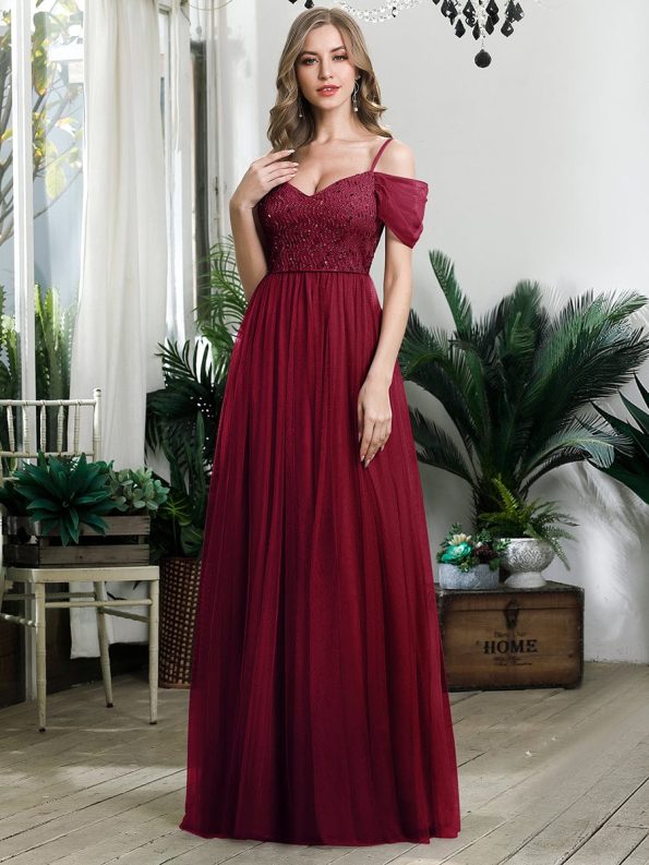 Sequin Bodice Cold Shoulder Floor Length Tulle Bridesmaid Dress - Burgundy