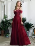 Sequin Bodice Cold Shoulder Floor Length Tulle Bridesmaid Dress – Burgundy