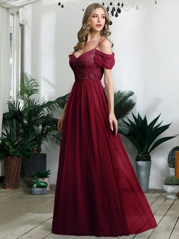 Sequin Bodice Cold Shoulder Floor Length Tulle Bridesmaid Dress - Burgundy