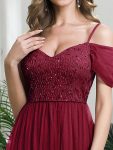 Sequin Bodice Cold Shoulder Floor Length Tulle Bridesmaid Dress – Burgundy