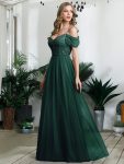 Sequin Bodice Cold Shoulder Floor Length Tulle Bridesmaid Dress – Dark Green