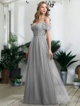 Sequin Bodice Cold Shoulder Floor Length Tulle Bridesmaid Dress – Grey