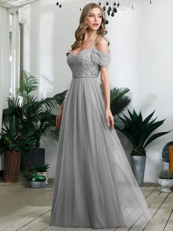 Sequin Bodice Cold Shoulder Floor Length Tulle Bridesmaid Dress - Grey