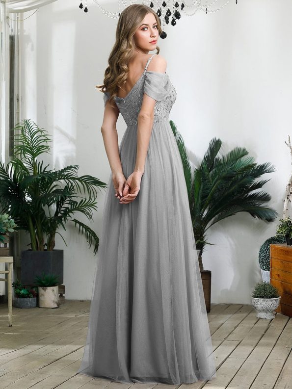 Sequin Bodice Cold Shoulder Floor Length Tulle Bridesmaid Dress - Grey