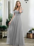 Sequin Bodice Cold Shoulder Floor Length Tulle Bridesmaid Dress – Grey