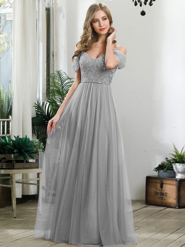 Sequin Bodice Cold Shoulder Floor Length Tulle Bridesmaid Dress - Grey