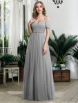 Sequin Bodice Cold Shoulder Floor Length Tulle Bridesmaid Dress – Grey