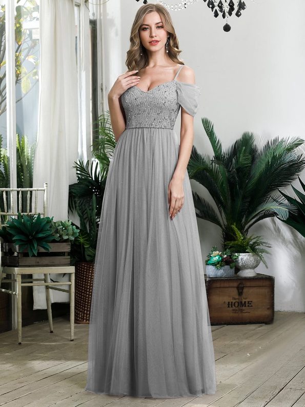 Sequin Bodice Cold Shoulder Floor Length Tulle Bridesmaid Dress - Grey