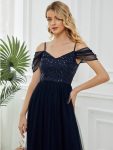 Sequin Bodice Cold Shoulder Floor Length Tulle Bridesmaid Dress – Navy Blue