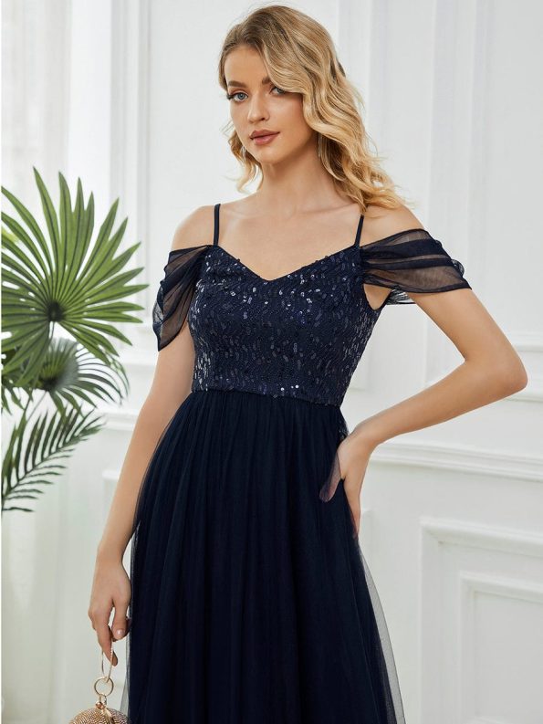 Sequin Bodice Cold Shoulder Floor Length Tulle Bridesmaid Dress - Navy Blue