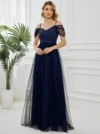 Sequin Bodice Cold Shoulder Floor Length Tulle Bridesmaid Dress – Navy Blue