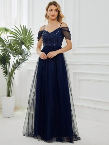 Sequin Bodice Cold Shoulder Floor Length Tulle Bridesmaid Dress - Navy Blue