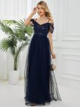 Sequin Bodice Cold Shoulder Floor Length Tulle Bridesmaid Dress – Navy Blue