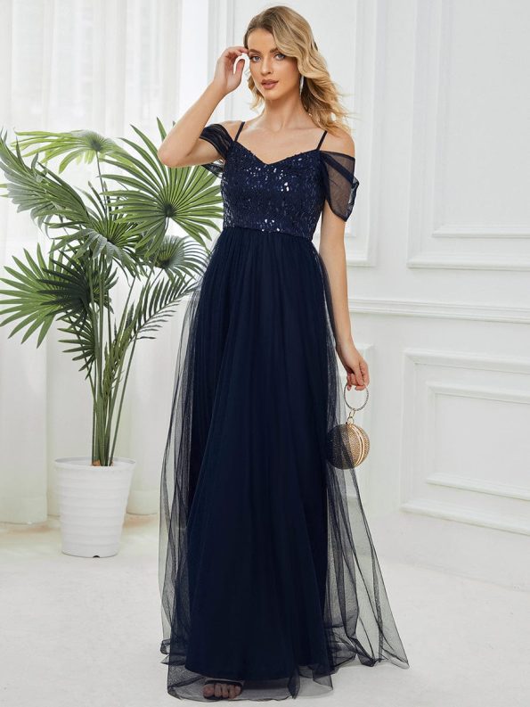 Sequin Bodice Cold Shoulder Floor Length Tulle Bridesmaid Dress - Navy Blue