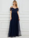 Sequin Bodice Cold Shoulder Floor Length Tulle Bridesmaid Dress – Navy Blue