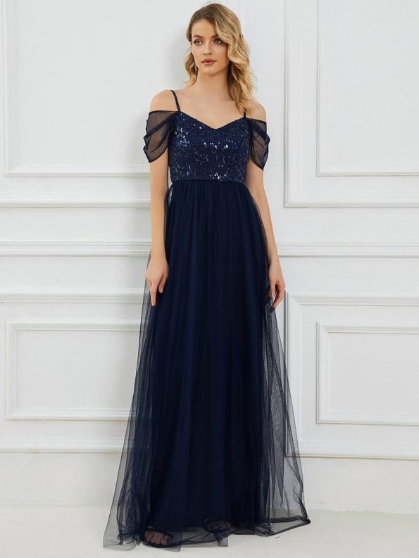 Sequin Bodice Cold Shoulder Floor Length Tulle Bridesmaid Dress - Navy Blue