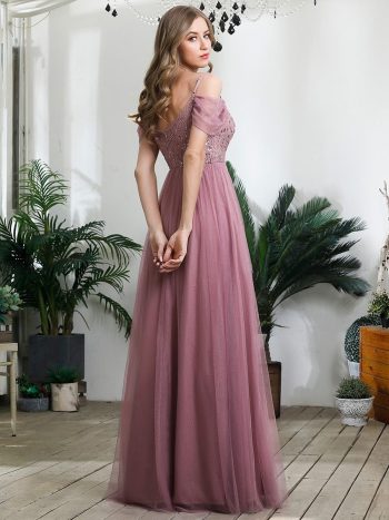 Sequin Bodice Cold Shoulder Floor Length Tulle Bridesmaid Dress - Purple Orchid