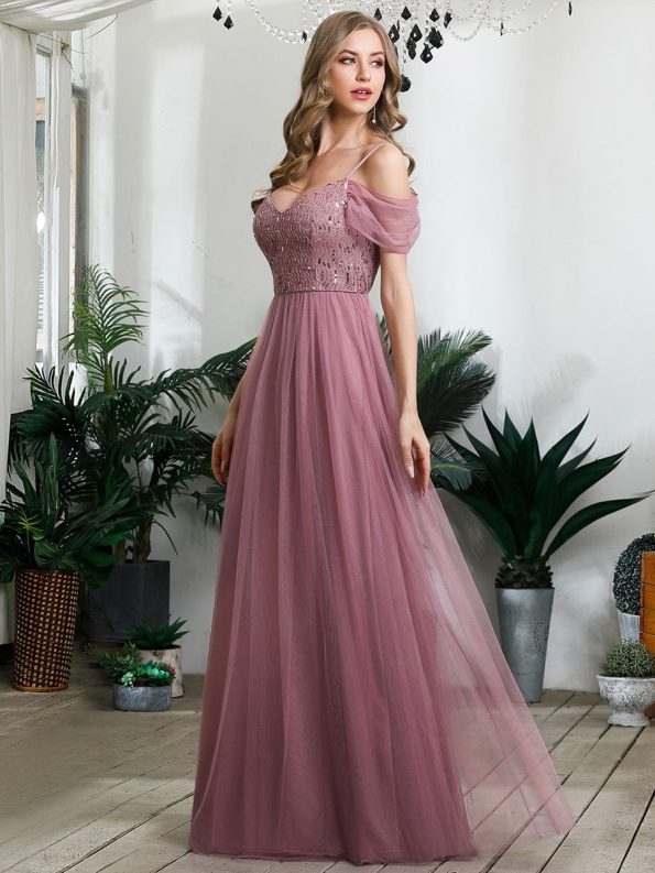 Sequin Bodice Cold Shoulder Floor Length Tulle Bridesmaid Dress - Purple Orchid