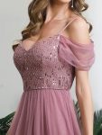 Sequin Bodice Cold Shoulder Floor Length Tulle Bridesmaid Dress – Purple Orchid