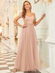 Sequin Bodice Cold Shoulder Floor Length Tulle Bridesmaid Dress - Rose Gold