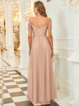 Sequin Bodice Cold Shoulder Floor Length Tulle Bridesmaid Dress – Rose Gold