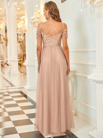 Sequin Bodice Cold Shoulder Floor Length Tulle Bridesmaid Dress - Rose Gold