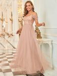 Sequin Bodice Cold Shoulder Floor Length Tulle Bridesmaid Dress – Rose Gold