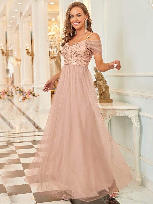 Sequin Bodice Cold Shoulder Floor Length Tulle Bridesmaid Dress - Rose Gold