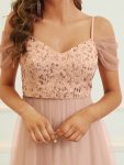 Sequin Bodice Cold Shoulder Floor Length Tulle Bridesmaid Dress – Rose Gold