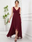 Chiffon Sleeveless Front Slit V-Neck Layered Formal Evening Dress - Burgundy