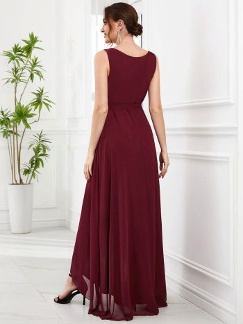 Chiffon Sleeveless Front Slit V-Neck Layered Formal Evening Dress - Burgundy