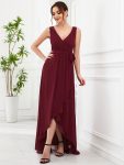 Chiffon Sleeveless Front Slit V-Neck Layered Formal Evening Dress – Burgundy