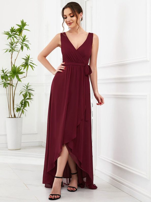 Chiffon Sleeveless Front Slit V-Neck Layered Formal Evening Dress - Burgundy