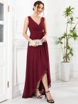 Chiffon Sleeveless Front Slit V-Neck Layered Formal Evening Dress – Burgundy