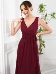 Chiffon Sleeveless Front Slit V-Neck Layered Formal Evening Dress – Burgundy