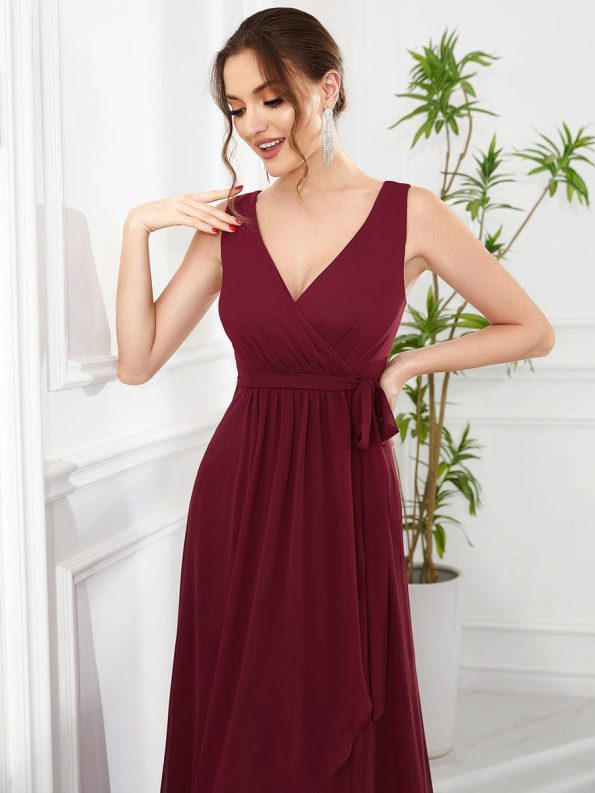 Chiffon Sleeveless Front Slit V-Neck Layered Formal Evening Dress - Burgundy