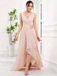 Chiffon Sleeveless Front Slit V-Neck Layered Formal Evening Dress – Pink