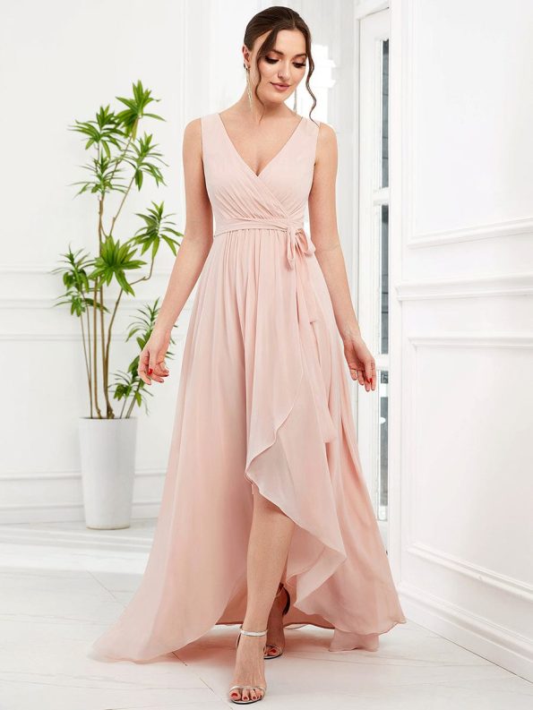 Chiffon Sleeveless Front Slit V-Neck Layered Formal Evening Dress - Pink