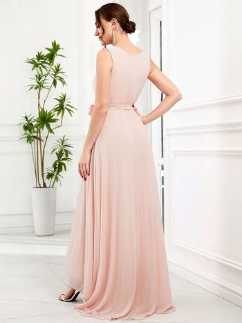 Chiffon Sleeveless Front Slit V-Neck Layered Formal Evening Dress - Pink