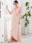 Chiffon Sleeveless Front Slit V-Neck Layered Formal Evening Dress – Pink