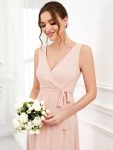 Chiffon Sleeveless Front Slit V-Neck Layered Formal Evening Dress – Pink