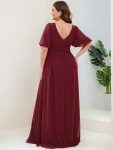 Chiffon Illusion V-Neck Flutter Sleeve Front Slit Evening Dress – Burgundy