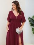 Chiffon Illusion V-Neck Flutter Sleeve Front Slit Evening Dress – Burgundy