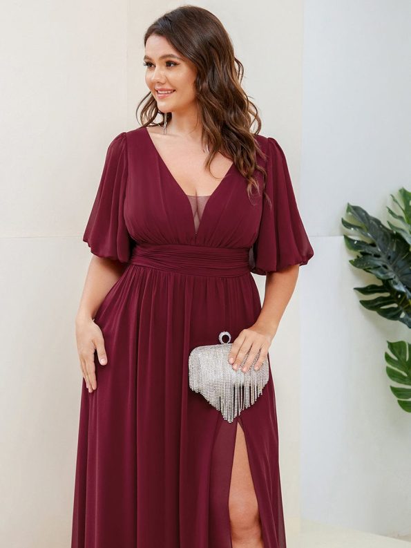 Chiffon Illusion V-Neck Flutter Sleeve Front Slit Evening Dress - Burgundy