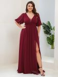 Chiffon Illusion V-Neck Flutter Sleeve Front Slit Evening Dress – Burgundy